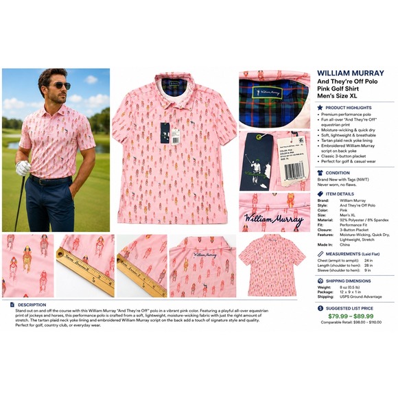 William Murray Golf Other - William Murray And They're Off Polo Shirt Pink Horse Racing Golf Men's XL NWT